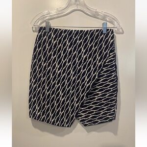 Ann‎ Taylor LOFT Jacquard Ikat Navy Blue White Faux Wrap Skirt Womens XS